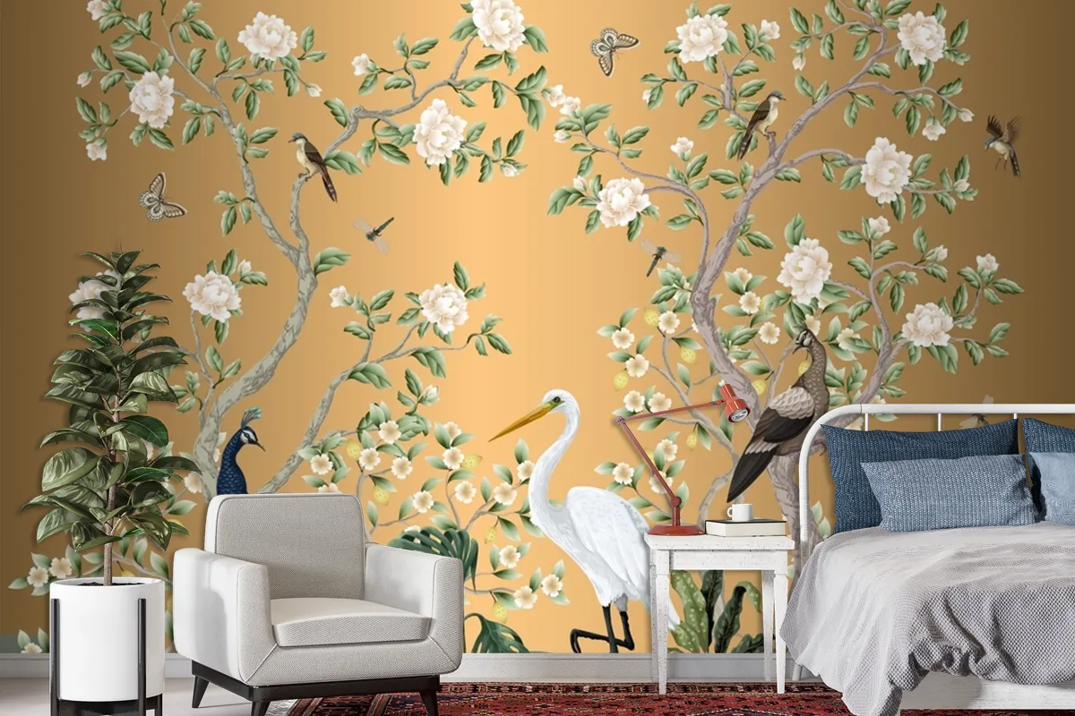 Chinoiserie Mural With Peacocks And Flowers Trees Wallpaper Mural