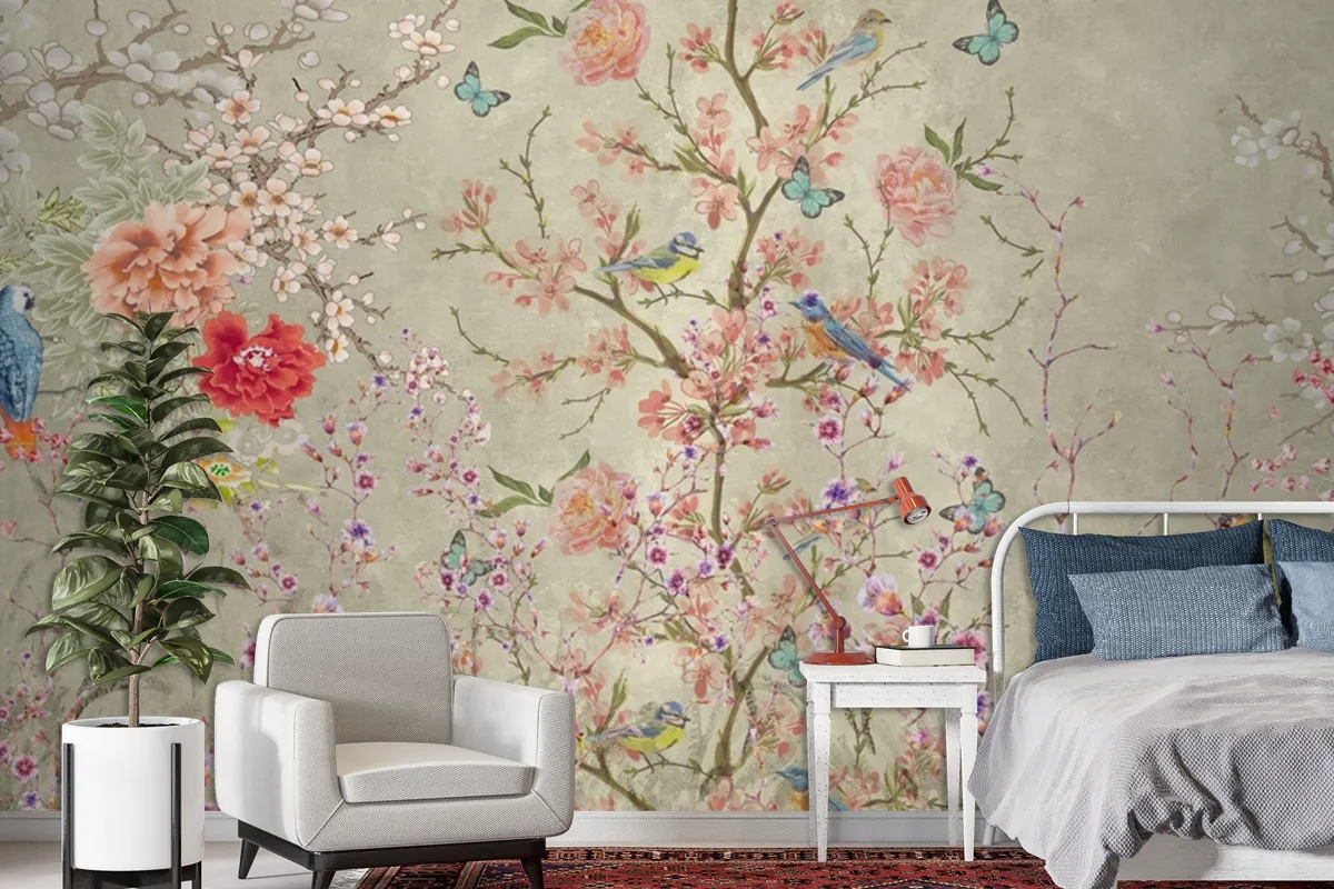 Whimsical Birds Blooms A Dance of Nature's Delicacy Wallpaper mural