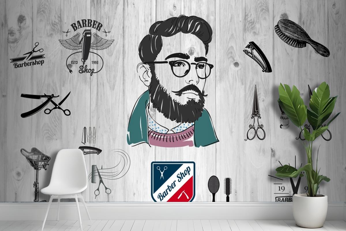 Ahşap Arka Plan Barber Shop Erkek Kuaför Duvar Kağıdı