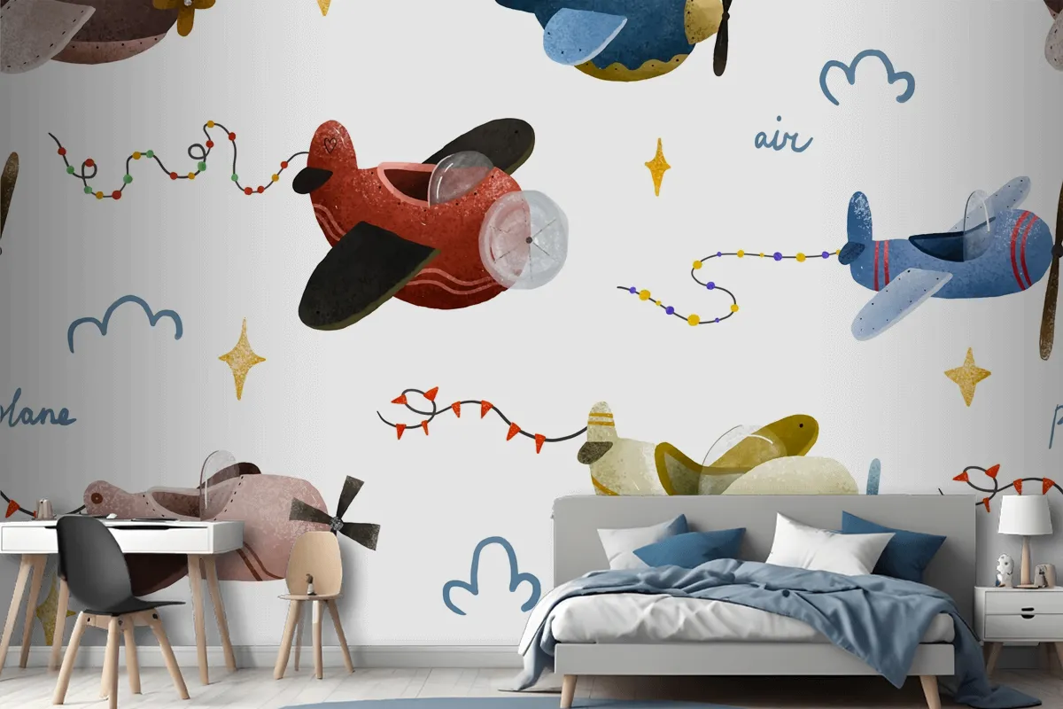 Aircraft And Clouds In Scandinavian Style Boy Wallpaper Mural