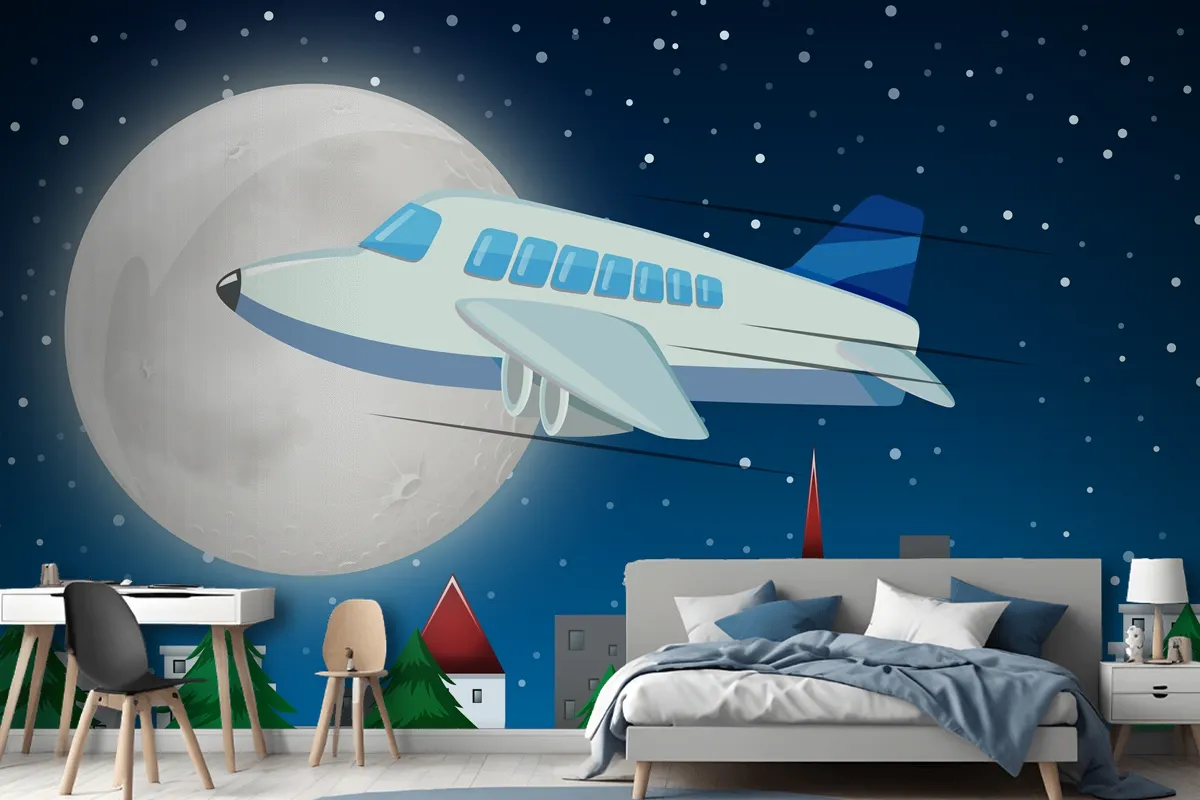 Airplane Flying Over Sky At Night Wallpaper Mural