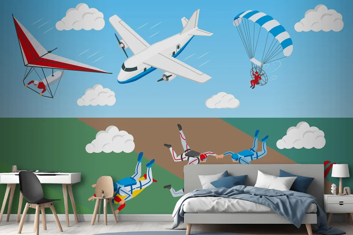 Airplane Hang Glider And Group Of People Skydiving In Sky Wallpaper Mural