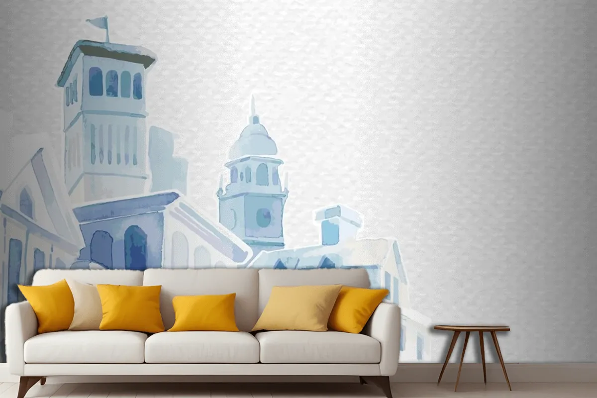 Architectural Mediterranean Buildings In Watercolor On White Paper Textured Living Room Wallpaper Mural