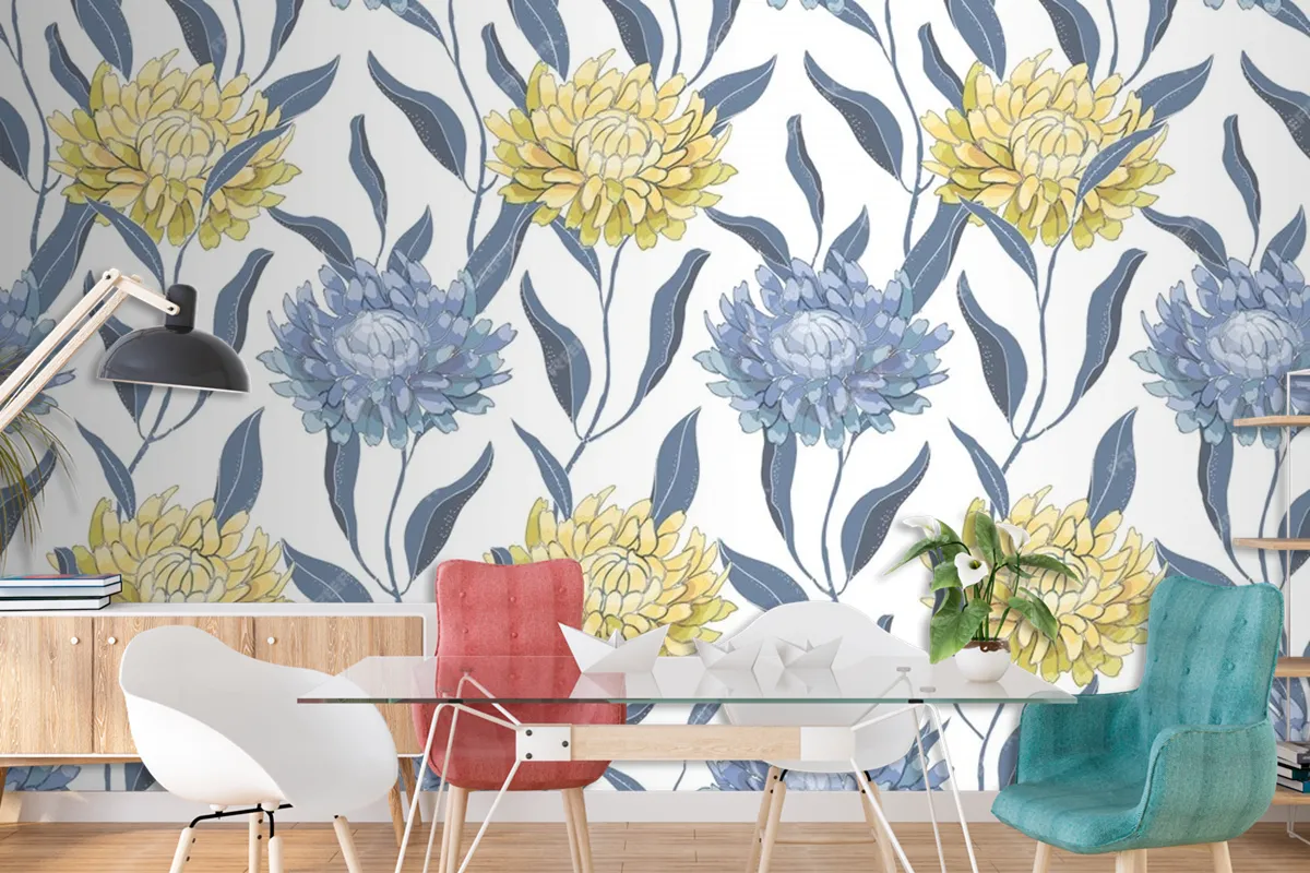 Art Floral Seamless Pattern With Chrysanthemums Wallpaper Mural