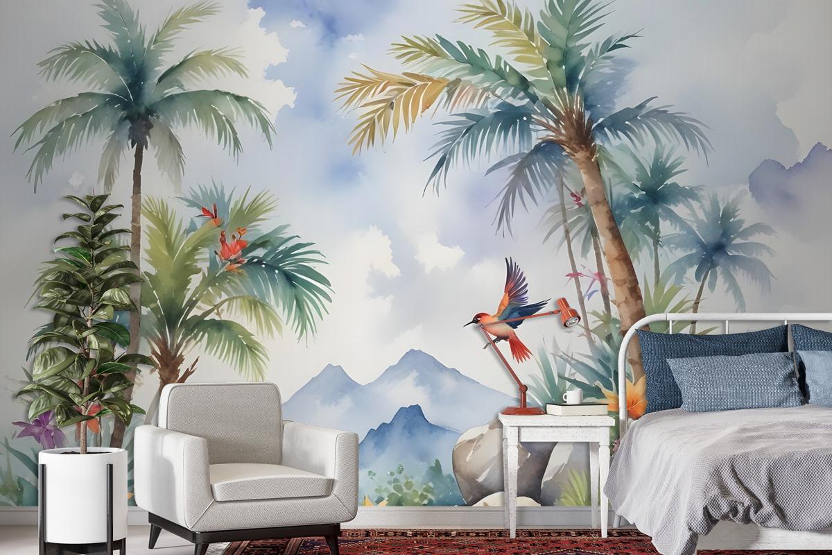 Art Painting Colorful Landscape With Birds Wallpaper Mural