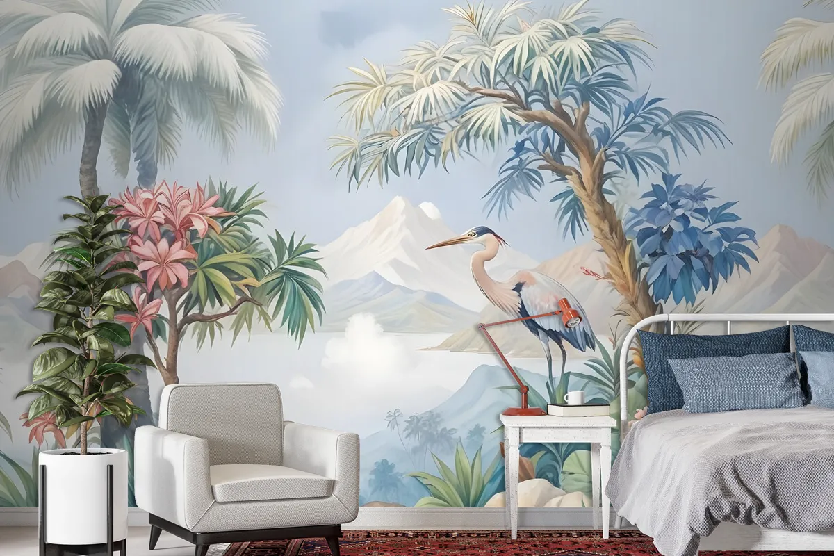 Art Painting Colorful Landscape With Heron Birds Wallpaper Mural