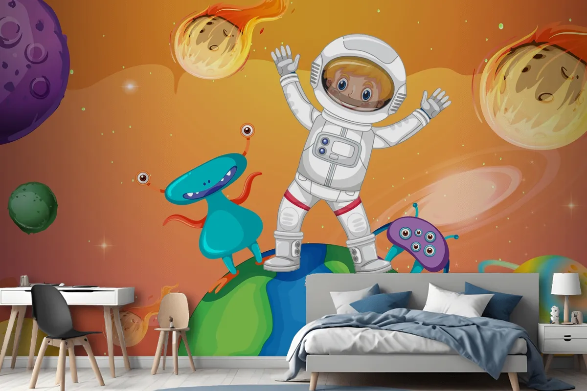 Astronaut Kid With Aliens Standing On The Earth In Space Scene Wallpaper Mural