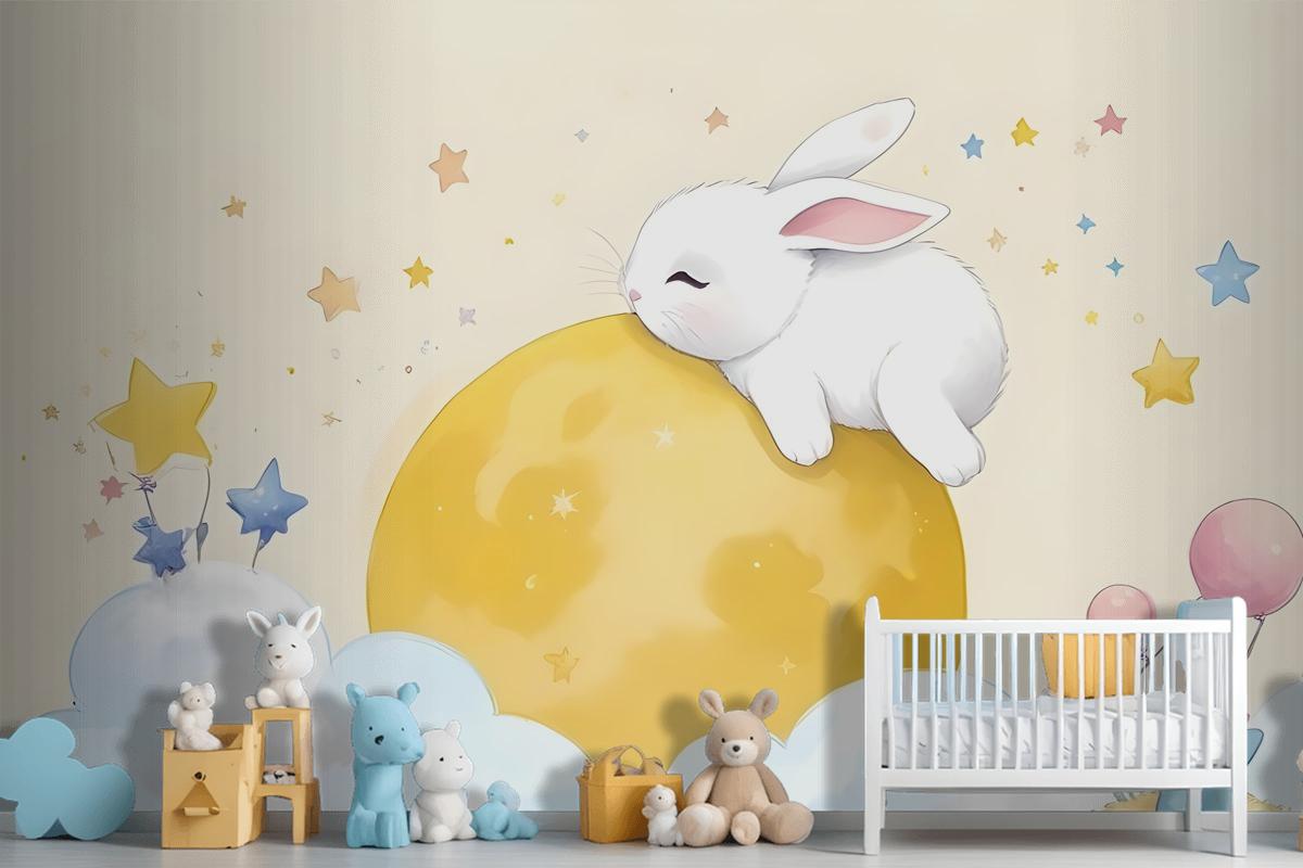 Baby Cartoon Rabbit And Yellow Moon Wallpaper Mural