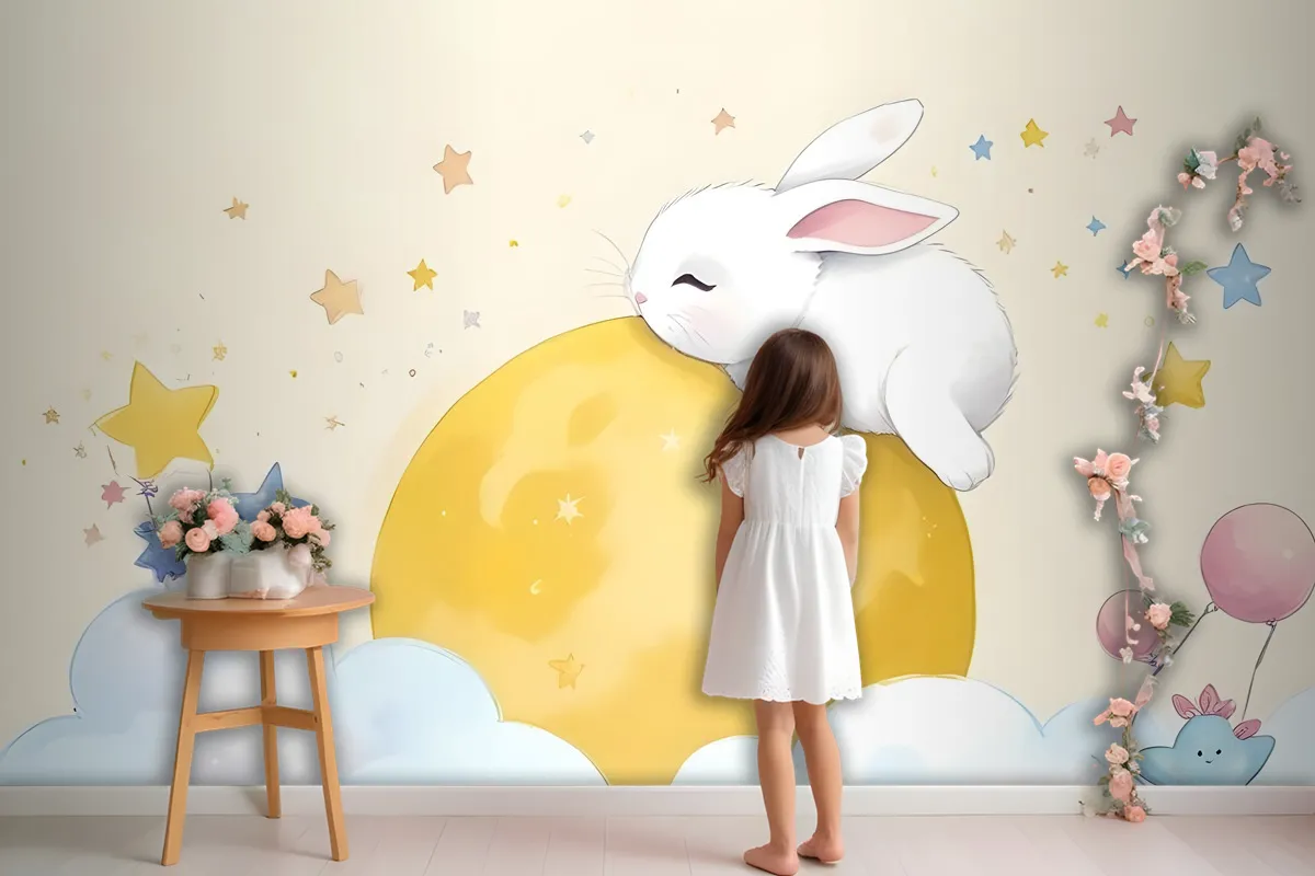 Baby Cartoon Rabbit And Yellow Moon Wallpaper Mural