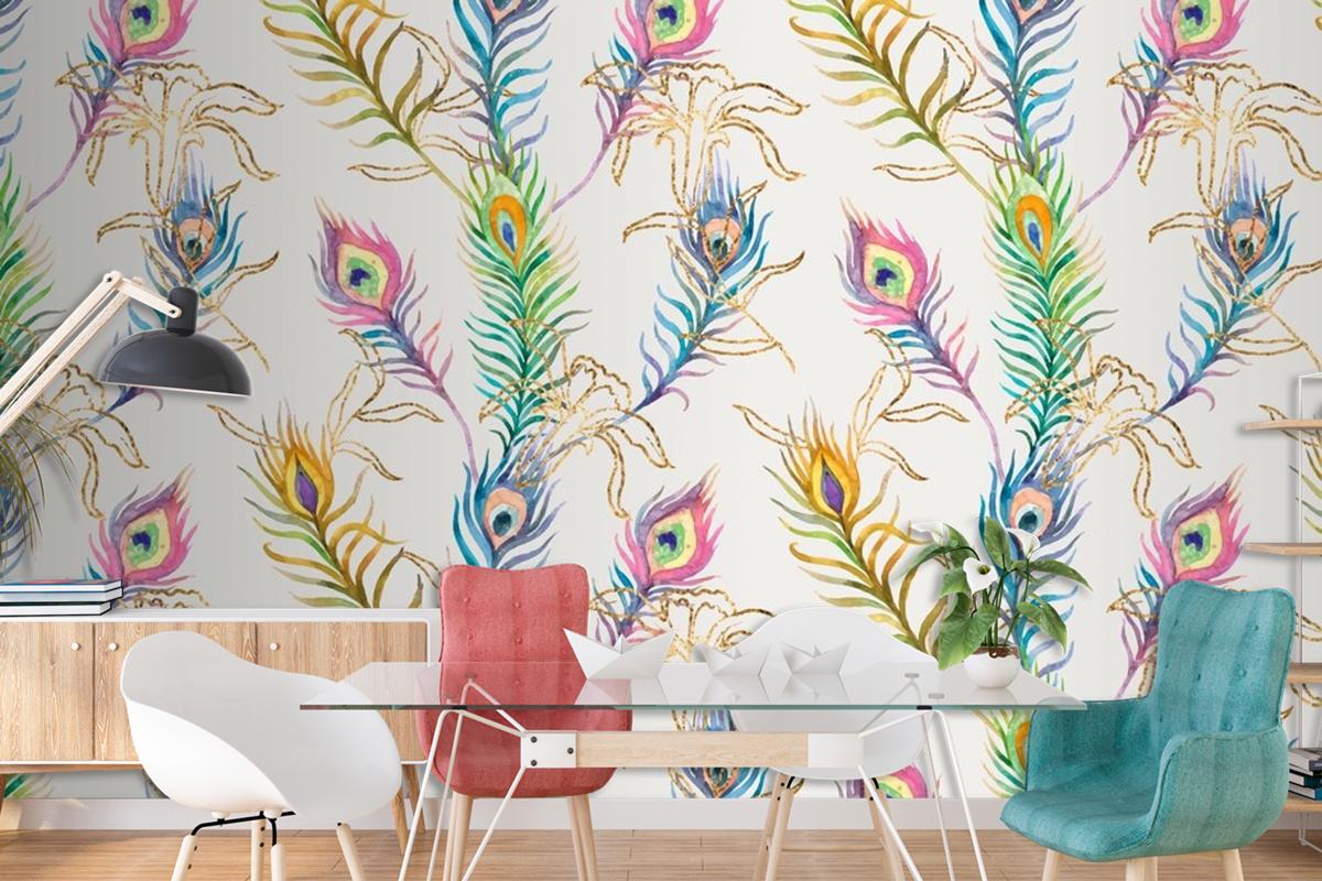 Background Of Peacock Feather Colorful Watercolor Pattern Wallpaper Mural