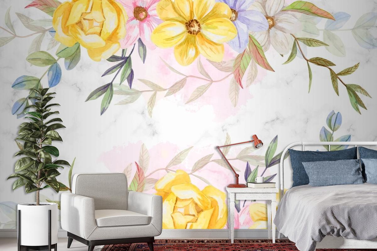 Background Watercolor Flowers In Pastel Colors Wallpaper Mural