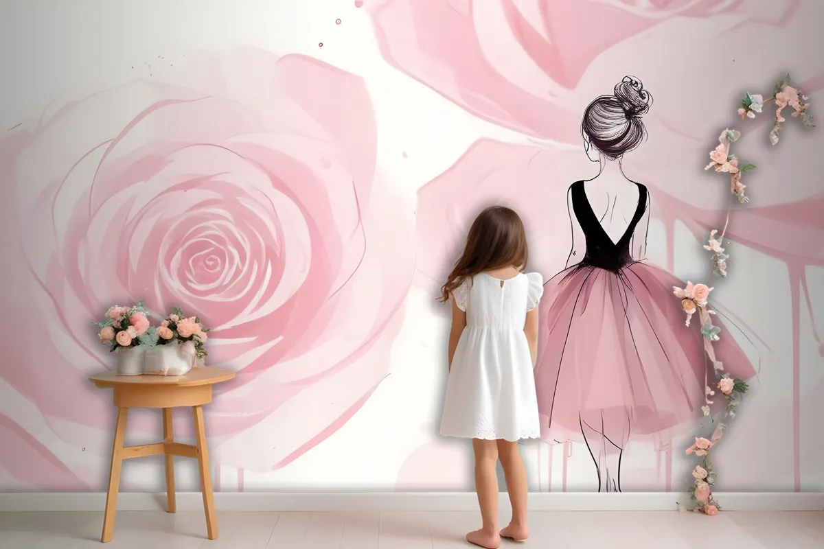 Ballerina Girl And Pink Roses Wallpaper Mural