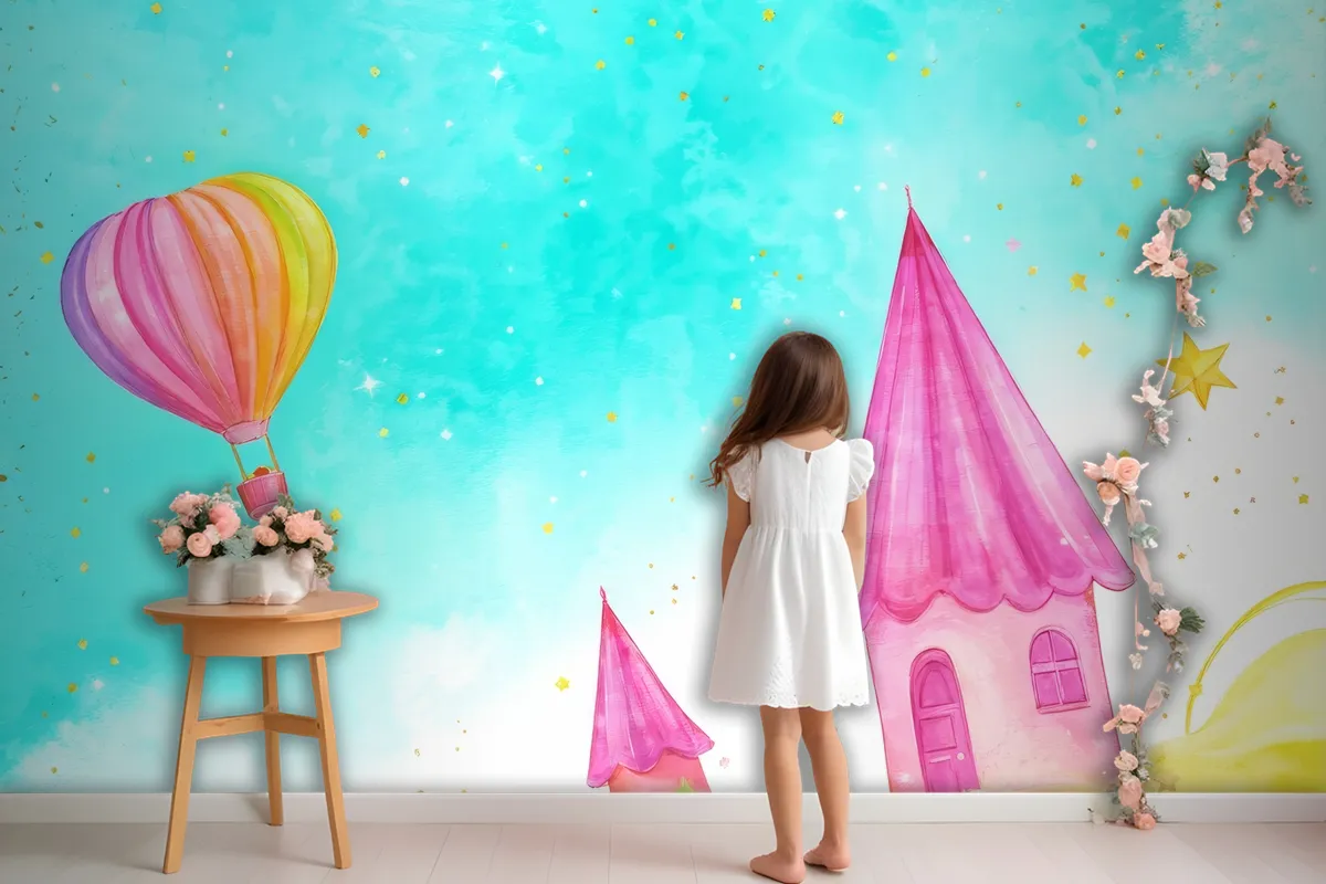 Balloon With A Flying Fairytale Watercolor Wallpaper Mural