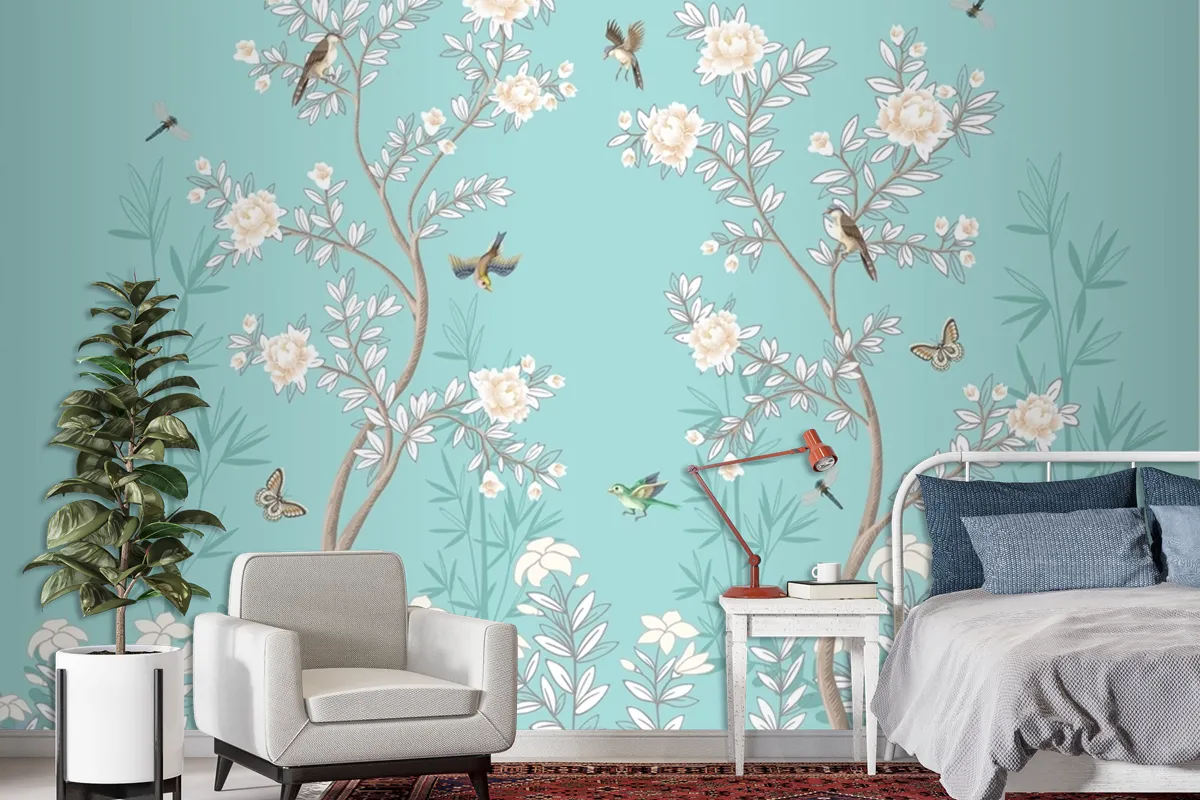 Chinoiserie Mural With Peonies And Birds Turquoise Wallpaper Mural