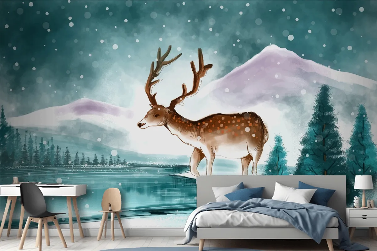 Beautiful Christmas Landscape In Winter With Christmas Deer Card Wallpaper Mural