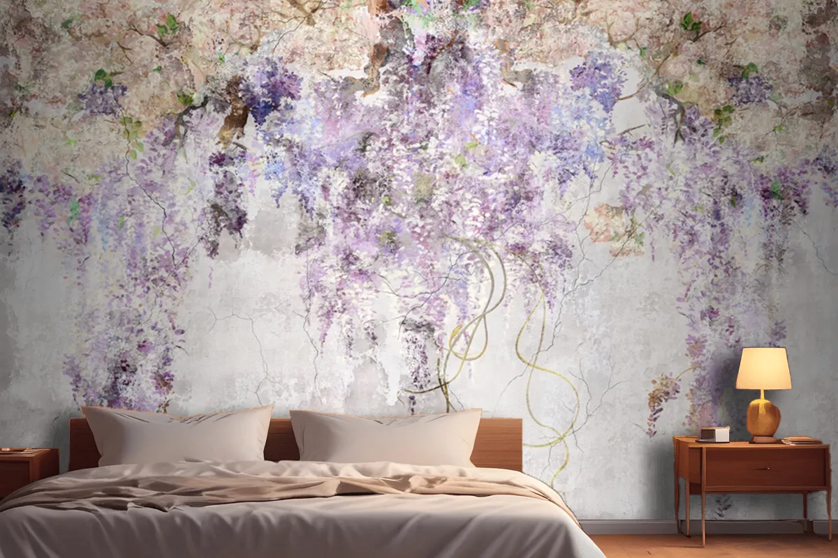 Beautiful Lilac Branches On The Concrete Grey Vintage Wallpaper Mural