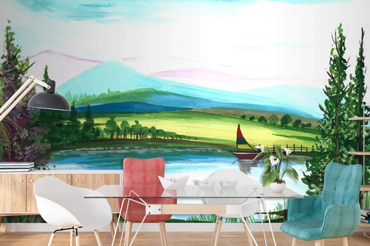 Beautiful Nature Landscape Hand Draw Watercolor Wallpaper Mural