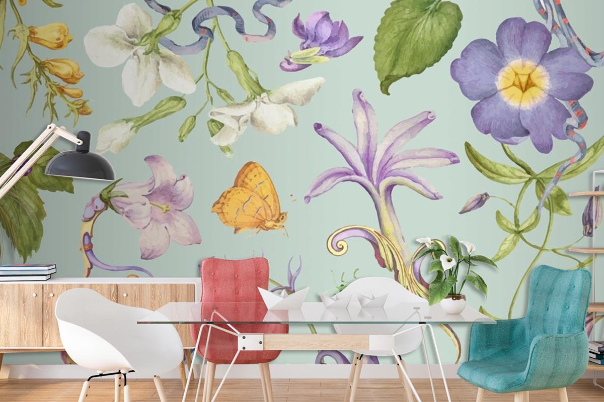 Beautiful Purple Floral Pattern On Green Wallpaper Mural