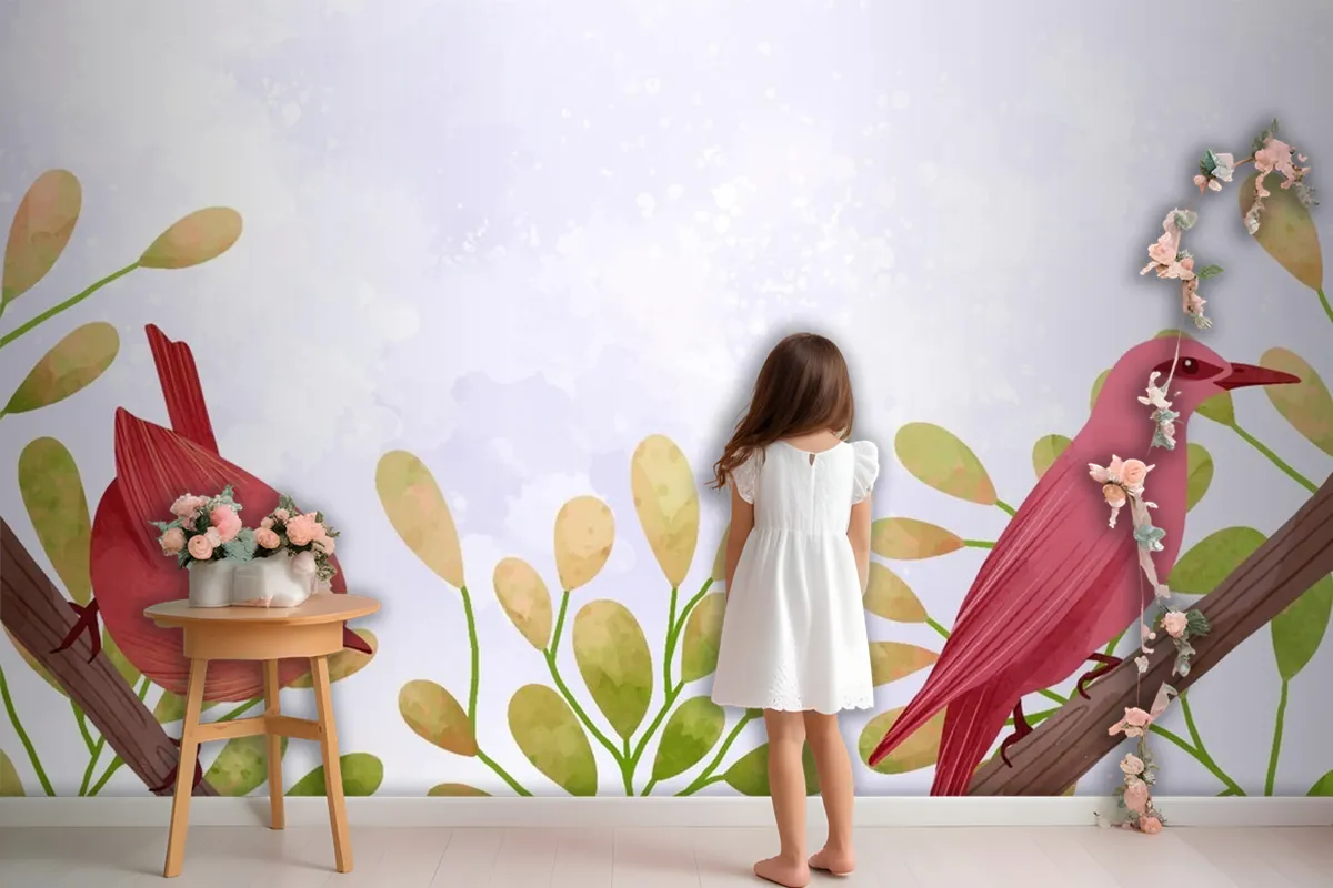 Beautiful Watercolor Of Birds Sitting On Branches Girl Wallpaper Mural