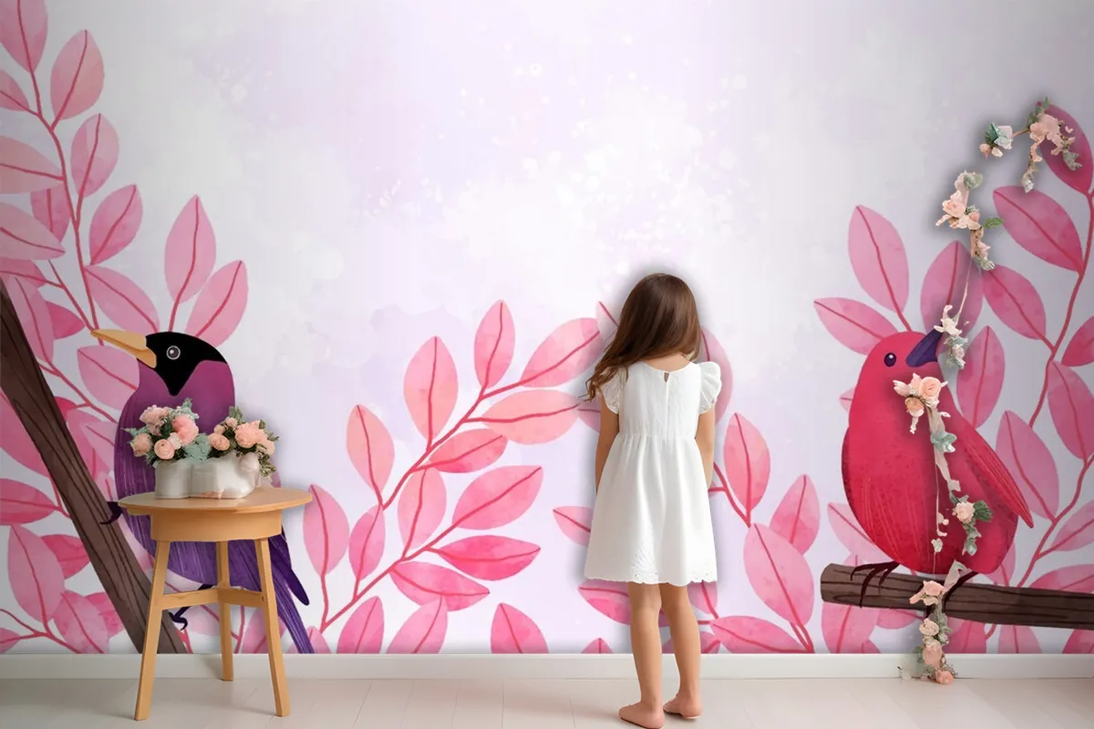 Beautiful Watercolor Of Birds Sitting On Branches Wallpaper Mural