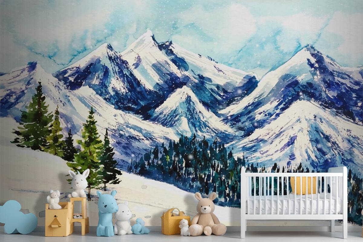 Beautiful Winter Landscape In Watercolor Background Wallpaper Mural