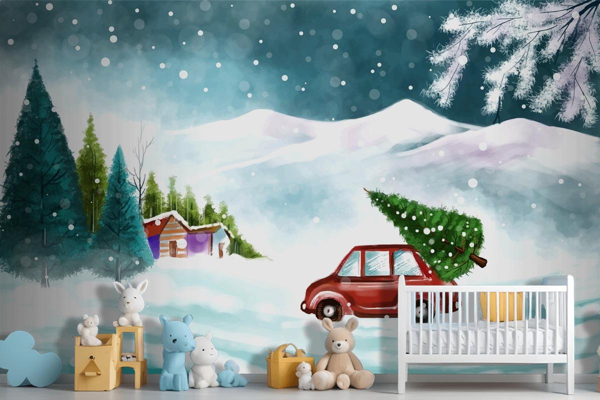 Beautiful Winter Landscape With Car In Snowy Christmas Tree Wallpaper Mural