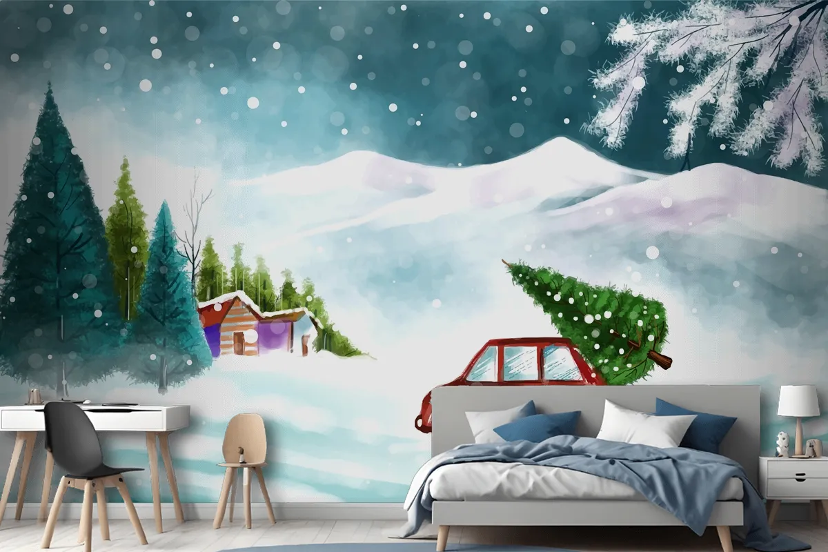 Beautiful Winter Landscape With Car In Snowy Christmas Tree Wallpaper Mural