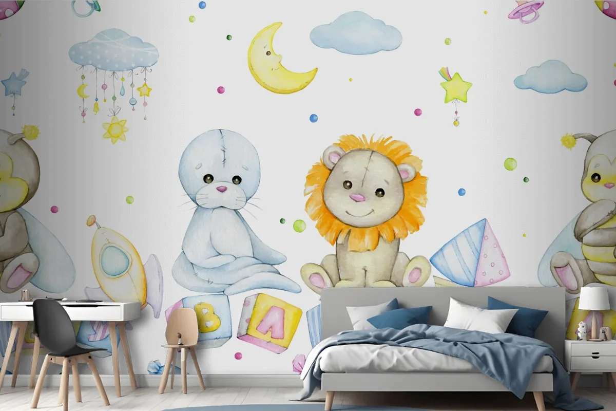 Bee Lion Seal Cubes With Letters Moon Stars Clouds Wallpaper Mural