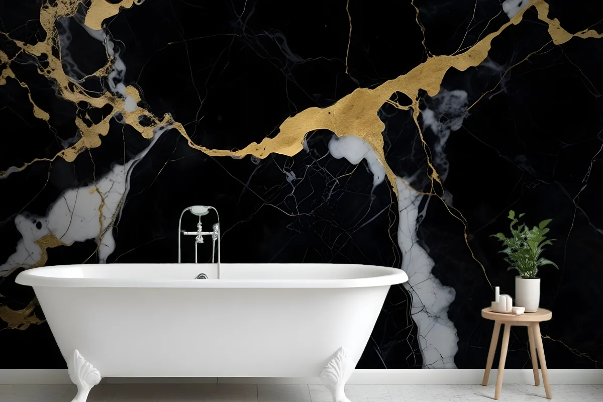 Black & Gold Dark Marble Effect Wallpaper Mural