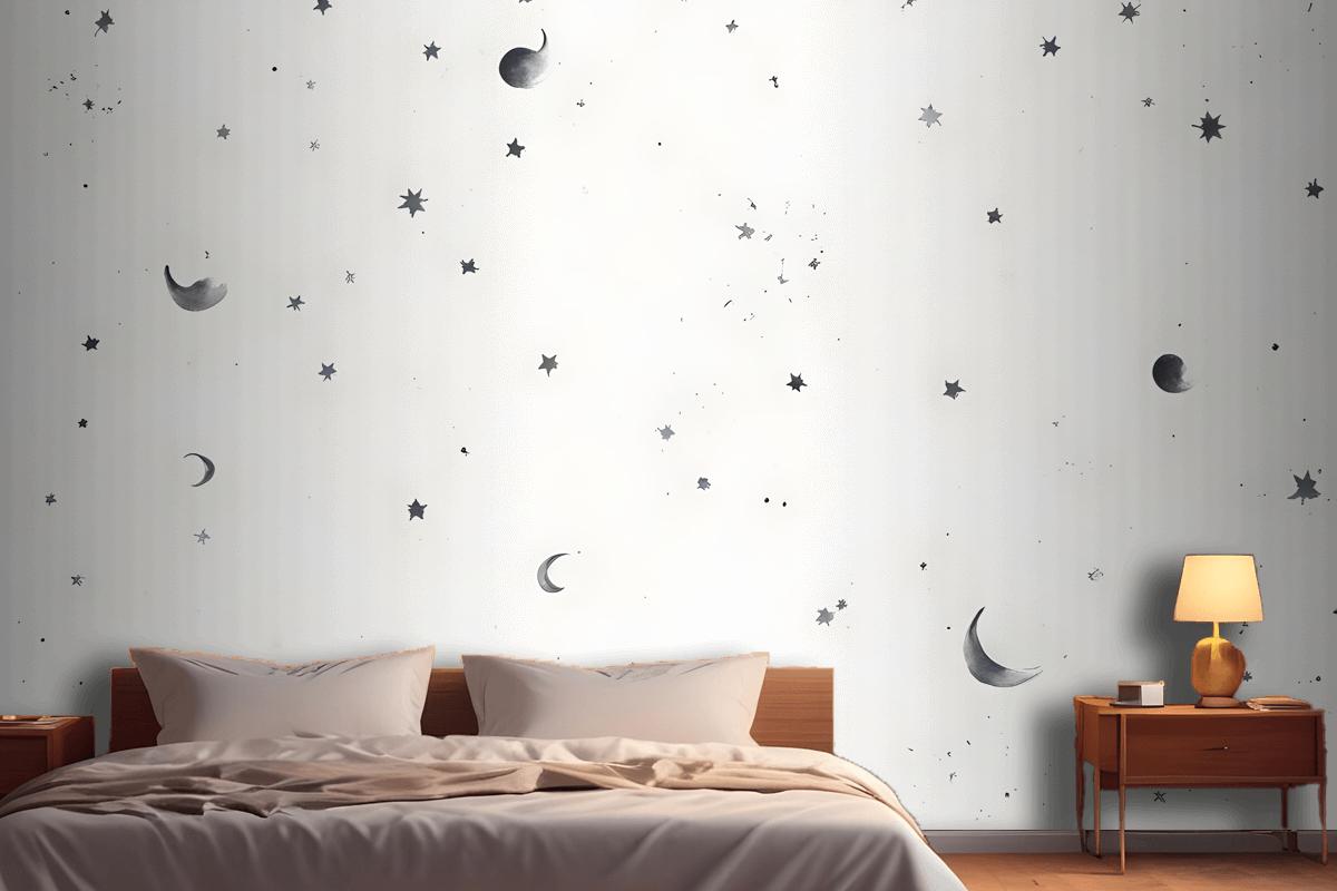 Black & White Moon & Stars Wallpaper Mural