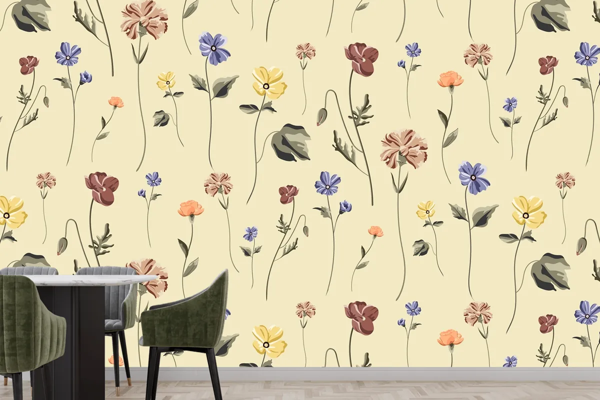 Blooming Flower Seamless Pattern On A Beige Wallpaper Mural