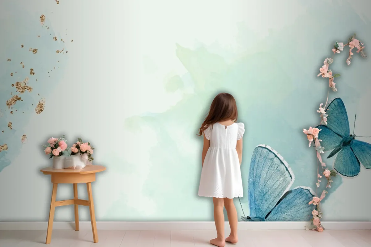 Blue Butterflies Patterned Background Wallpaper Mural