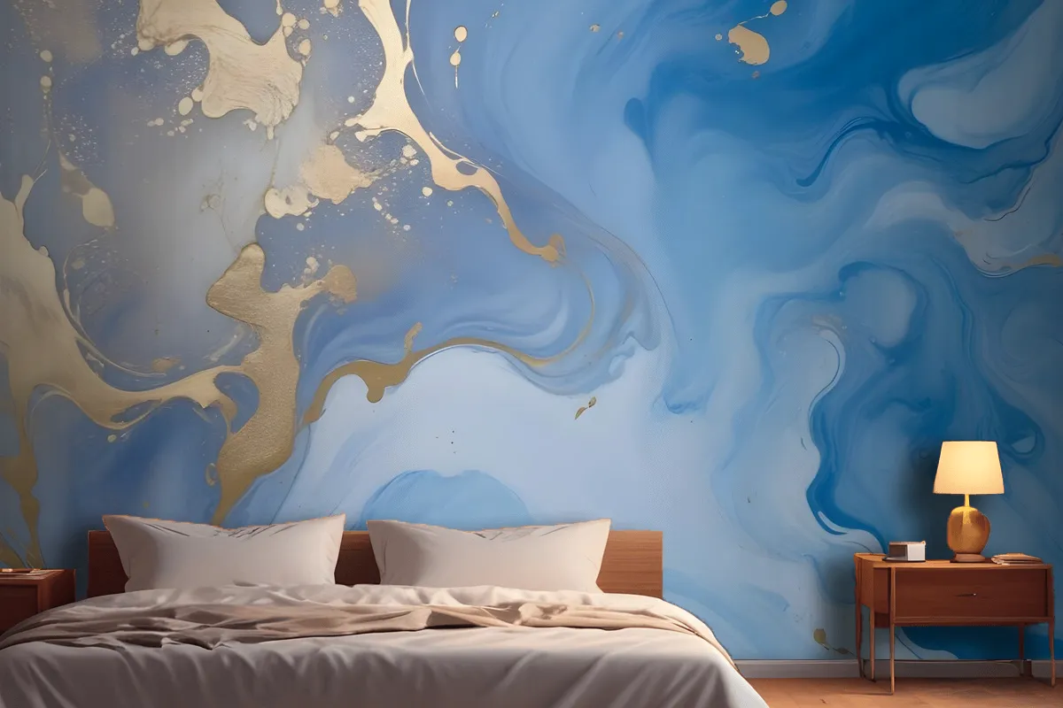 Blue Gold Look Marble With Splash Wallpaper Mural