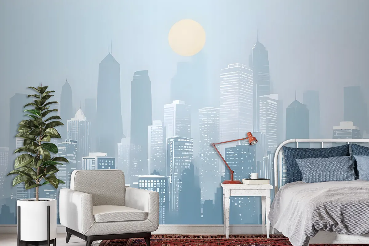 Blue Monochrome Cityscape And Soft Sun Wallpaper Mural