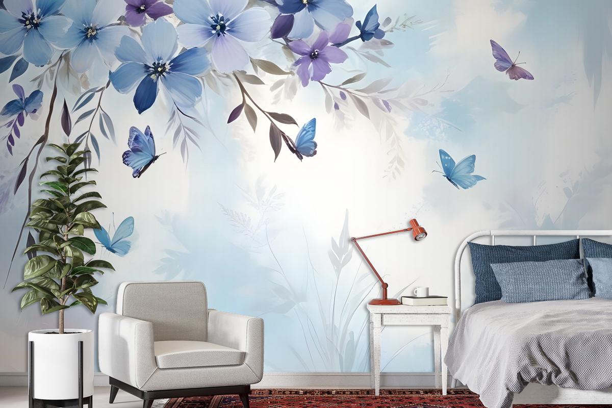 Blue Purple Floral With Little Butterfly Wallpaper Mural