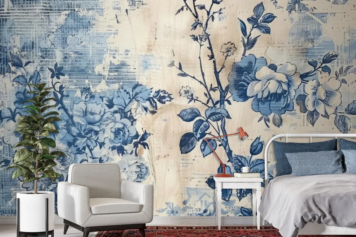 A Blue And White Floral Print Is On A Blue And White Wallpaper Mural