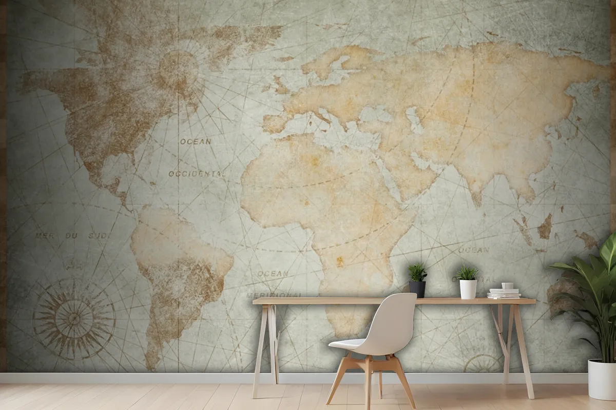 Blue Worn Vintage World Map Wallpaper Mural