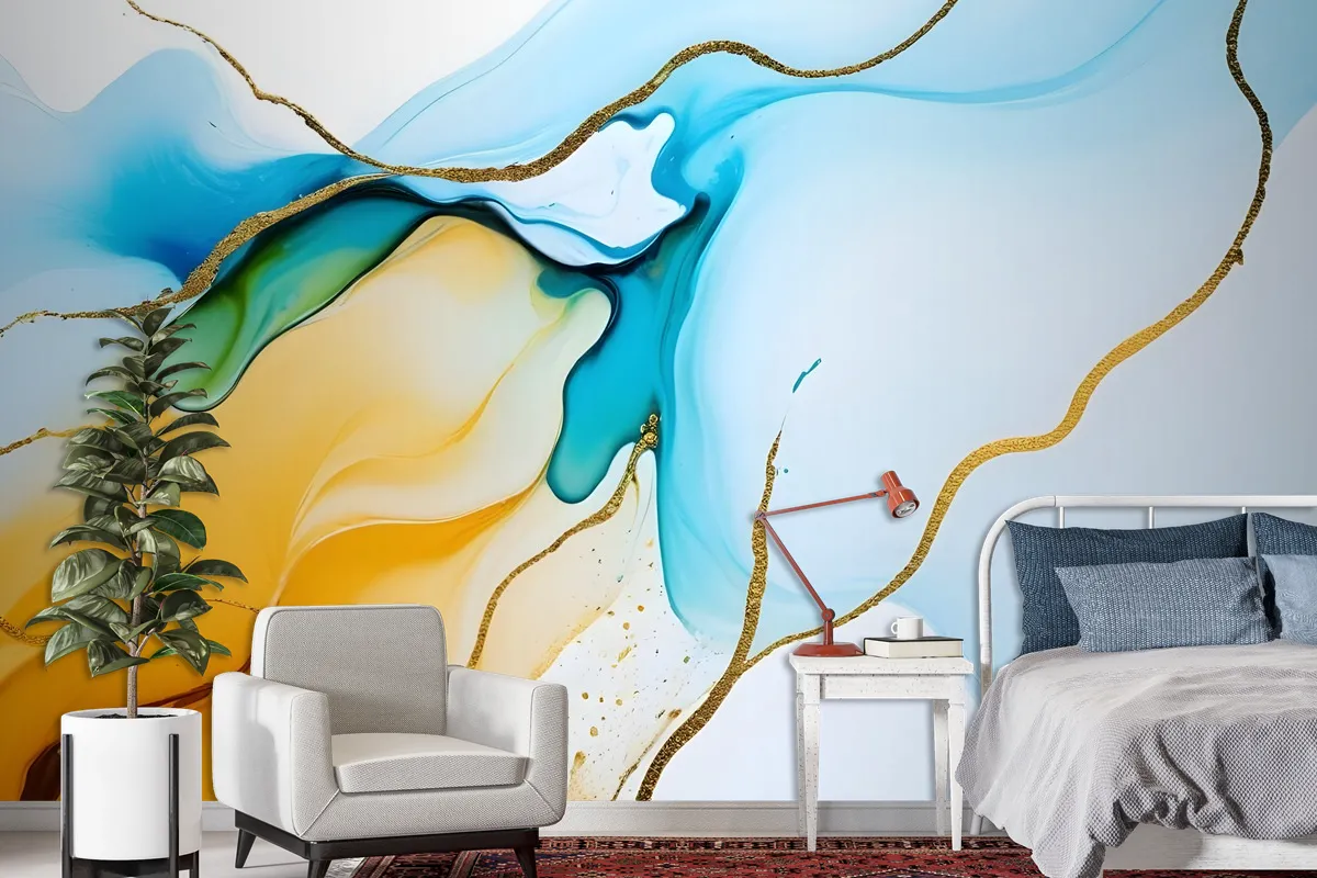 Blue Yellow Watercolor Brush With Modern Lines Wallpaper Mural