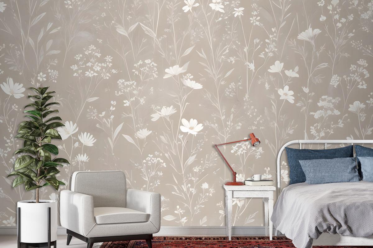 Bohemian Style Neutral Color Wild Flowers Art Wallpaper Mural