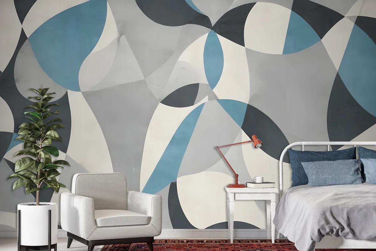 Boho Geometric Abstract Art Blue Wallpaper Mural