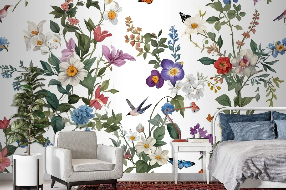 Botanical Flowers Floral With Birds Wallpaper Mural