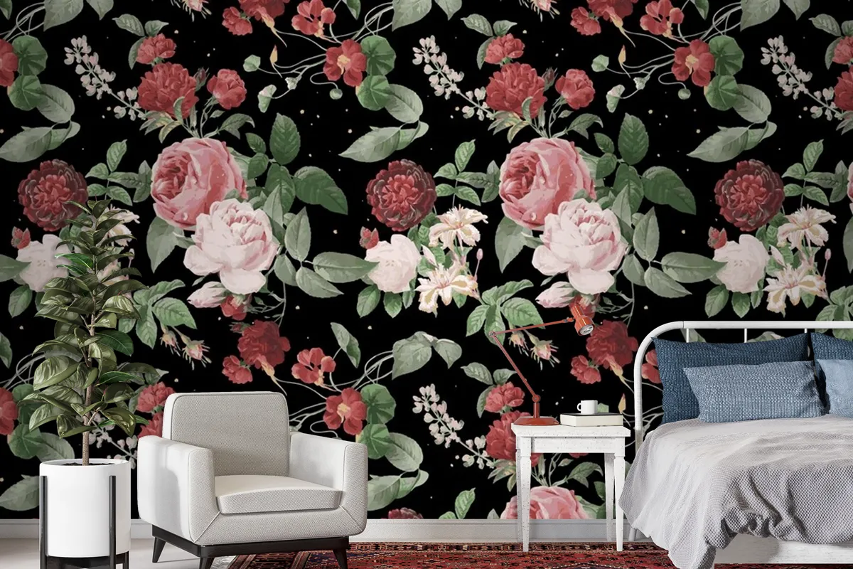 Botanical Valentine's roses pattern watercolor wallpaper mural