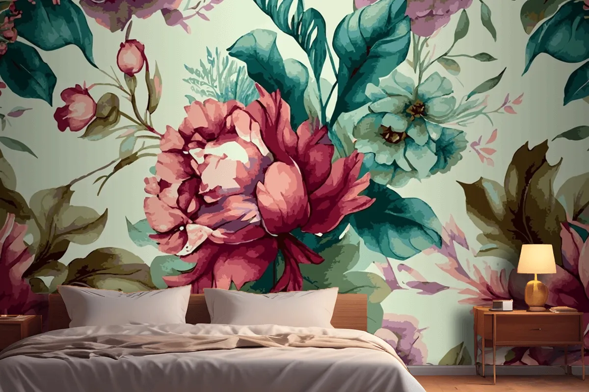 Botanical Watercolor Hand Drawn Flowers Wallpaper Mural