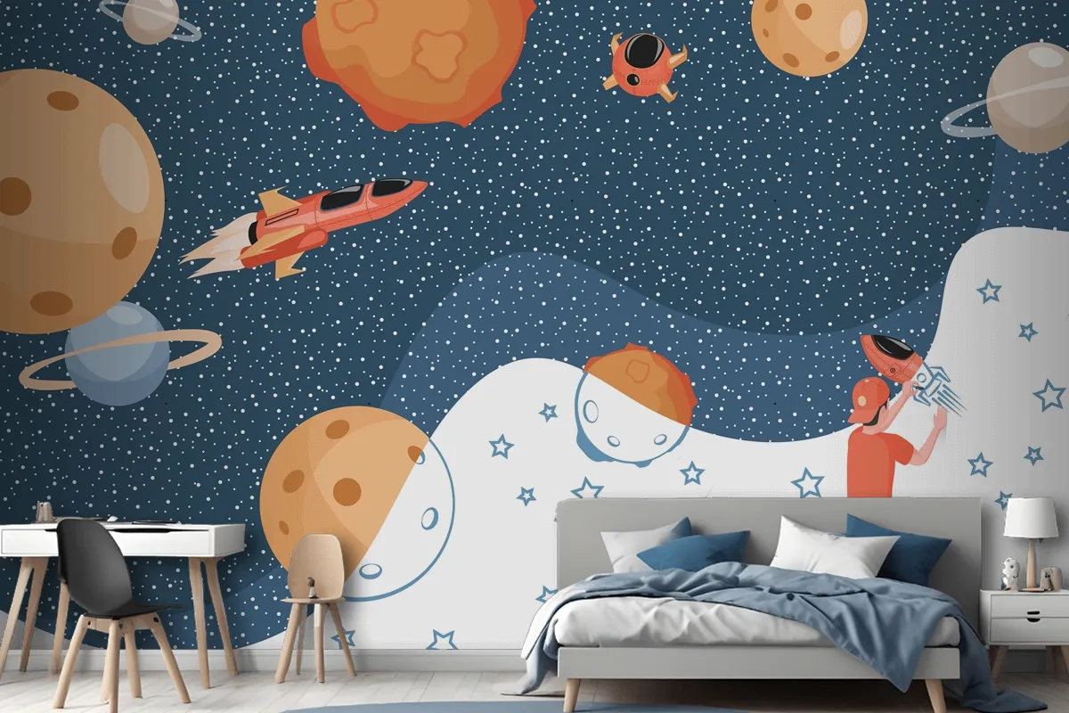 Boy Drawing Cosmos Planets Spaceships And Stars Wallpaper Mural