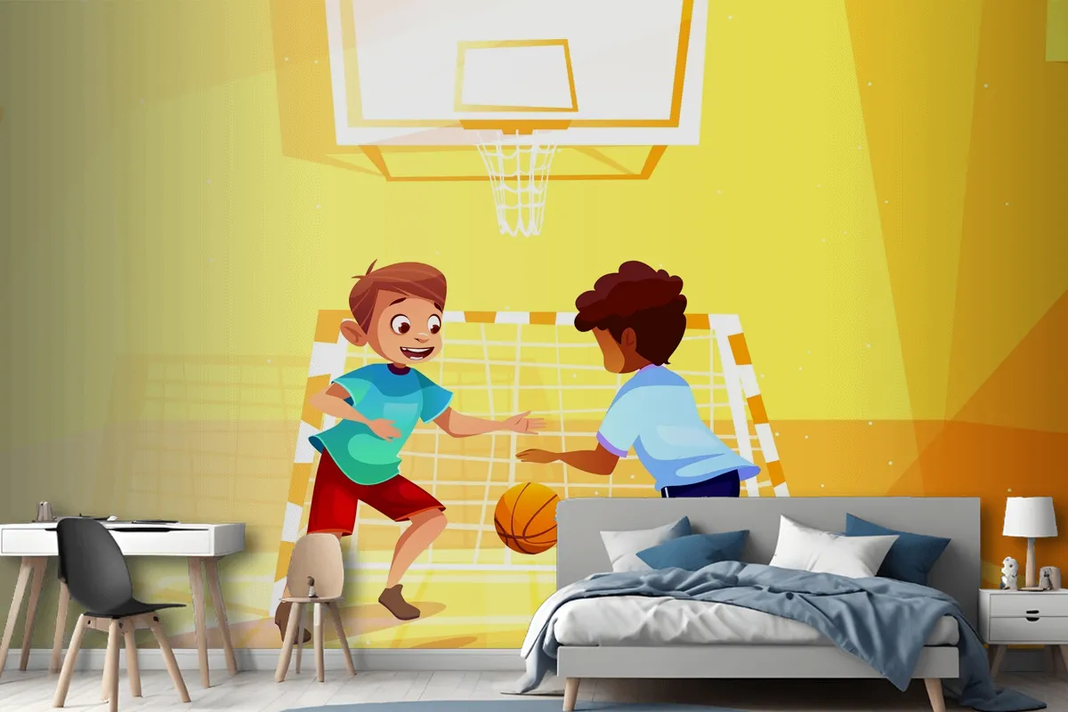 Boys Playing Basketball Kid With Ball In School Wallpaper Mural