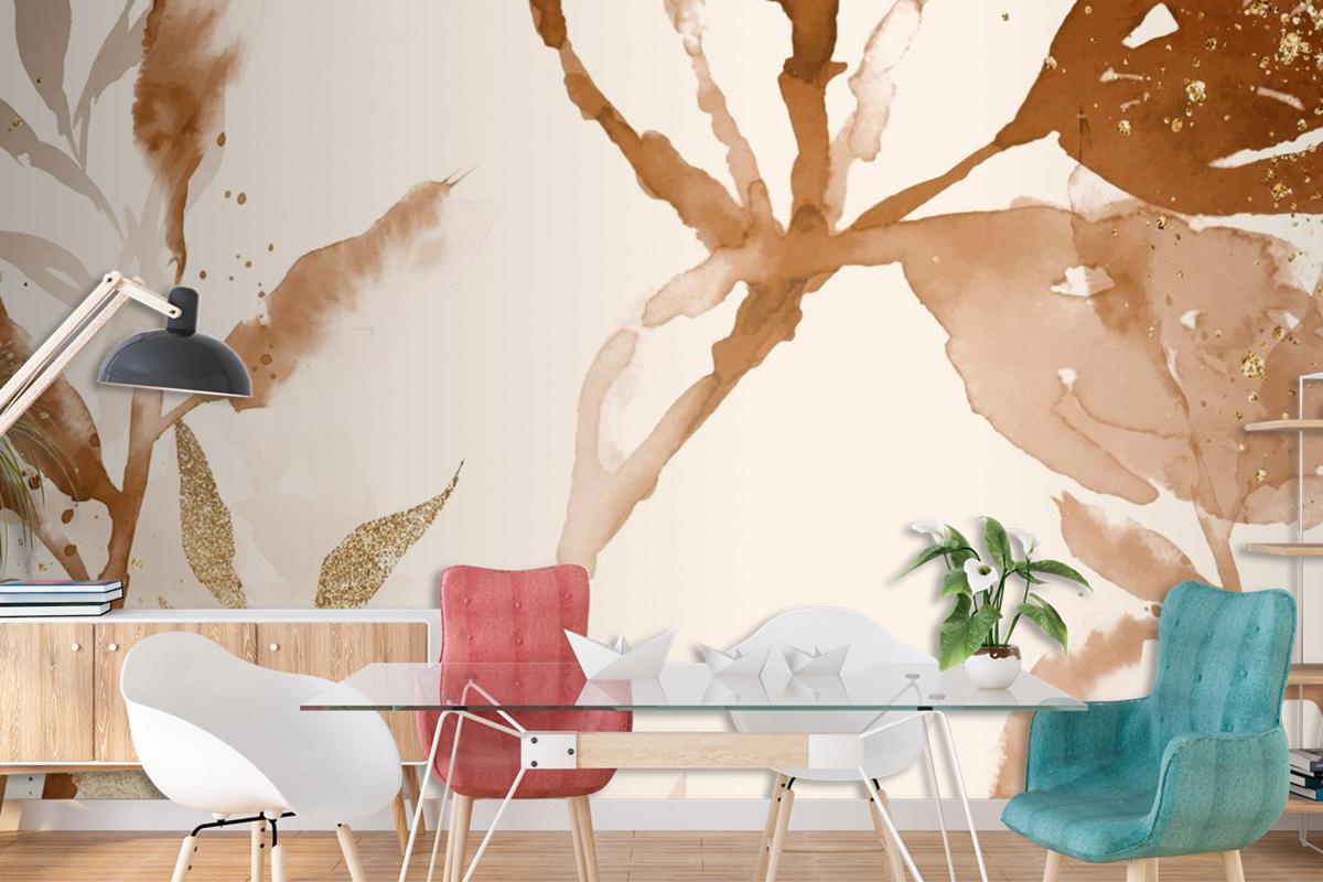 Brown Watercolor Leaf Background Aesthetic Autumn Season Wallpaper Mural