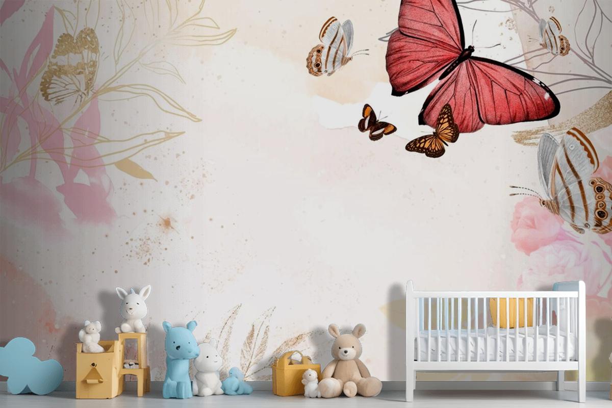 Butterfly Background Aesthetic Border With Flowers Wallpaper Mural