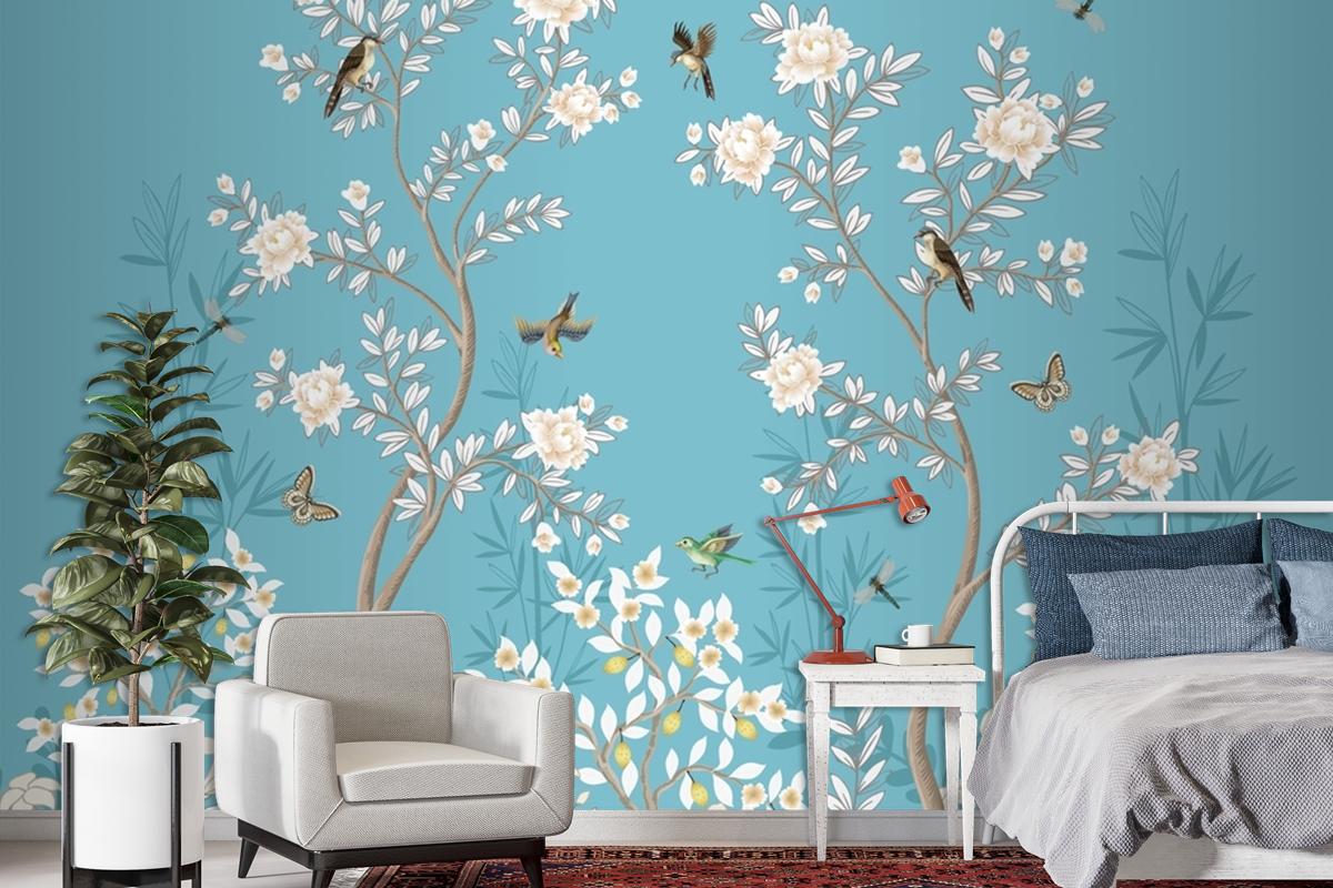 Chinoiserie Mural With Peonies And Birds Wallpaper Mural