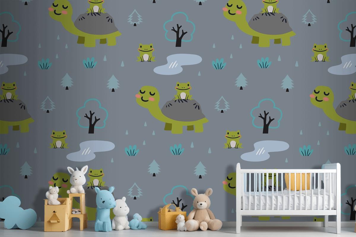 Cartoon Animals Pattern With Cute Mom Turtle And Frogs Wallpaper Mural