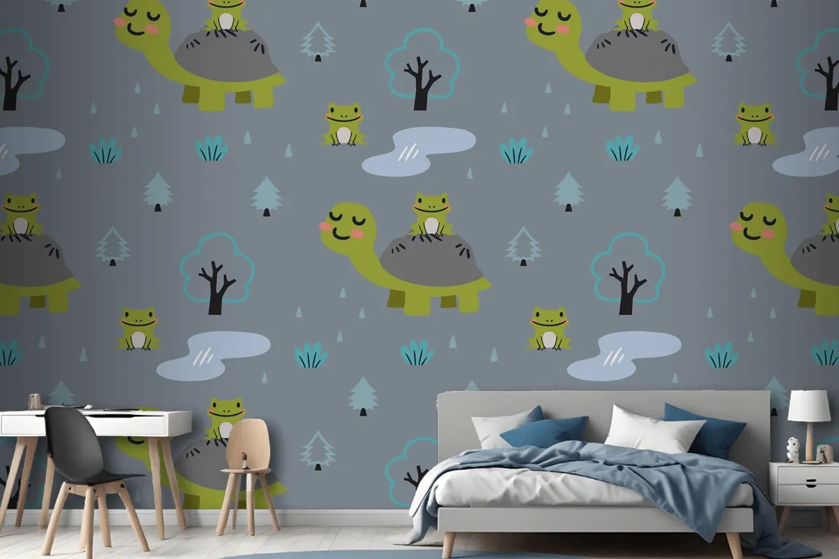 Cartoon Animals Pattern With Cute Mom Turtle And Frogs Wallpaper Mural